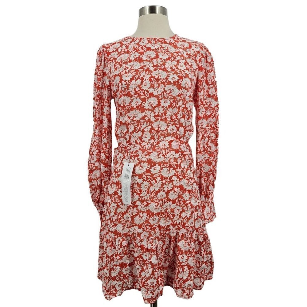 Topshop Womens Red Daisy Print Tea Mini Slit Cut-Out Long Sleeve Size 4 NWT